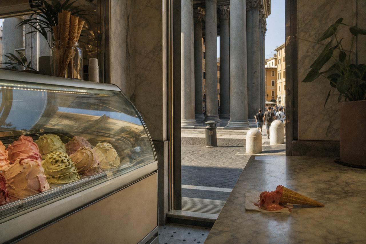 Glass display case with trays of artisanal gelato in pastel colors inside a Roman gelateria
