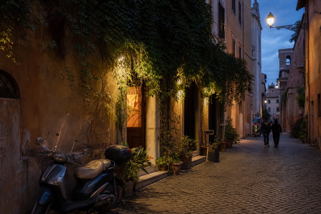 Cobbled lane in Trastevere at dusk with warm restaurant lights and ivy on ochre walls