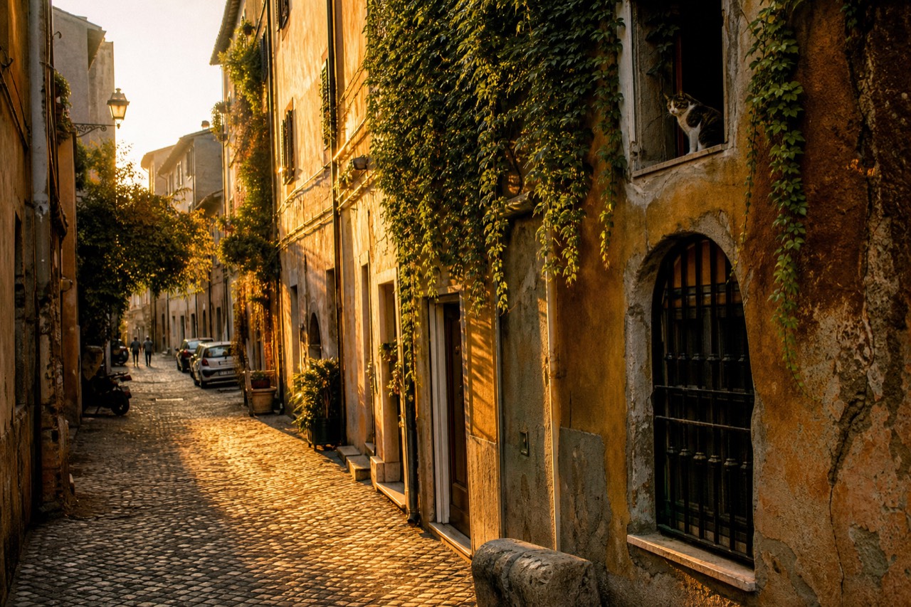 Narrow cobblestone lane in Trastevere with ivy covered ochre buildings at golden hour