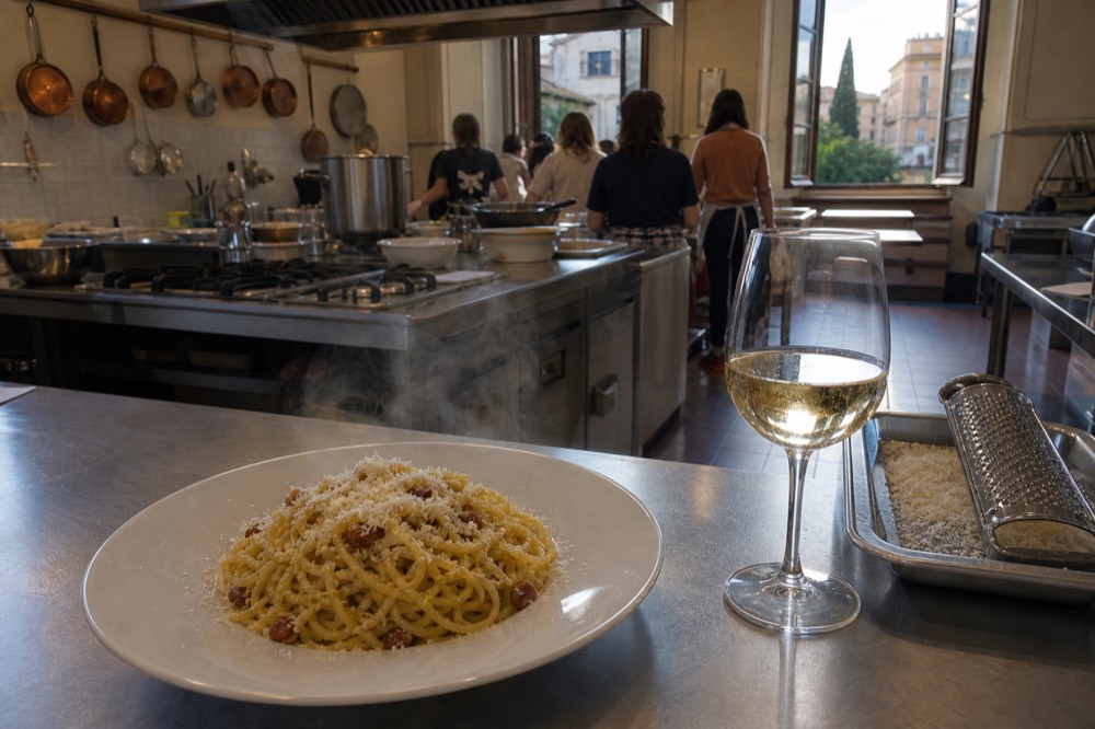 A cooked plate of spaghetti carbonara beside a glass of white wine