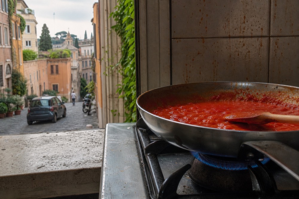 A gas burner with a pan of sauce simmering on a cooking school stove