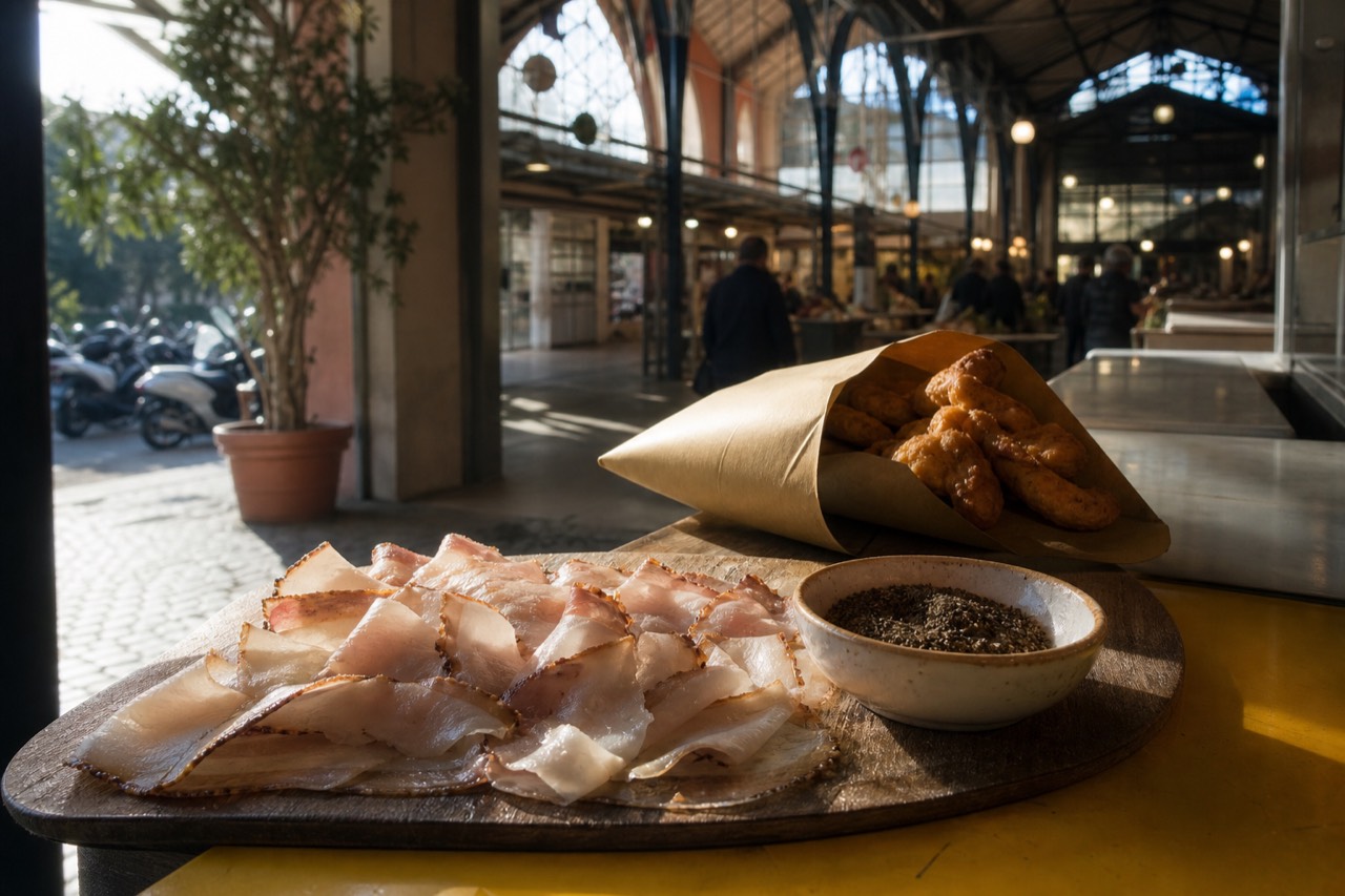 Slices of cured guanciale arranged on a wooden board beside a bowl of ground black pepper