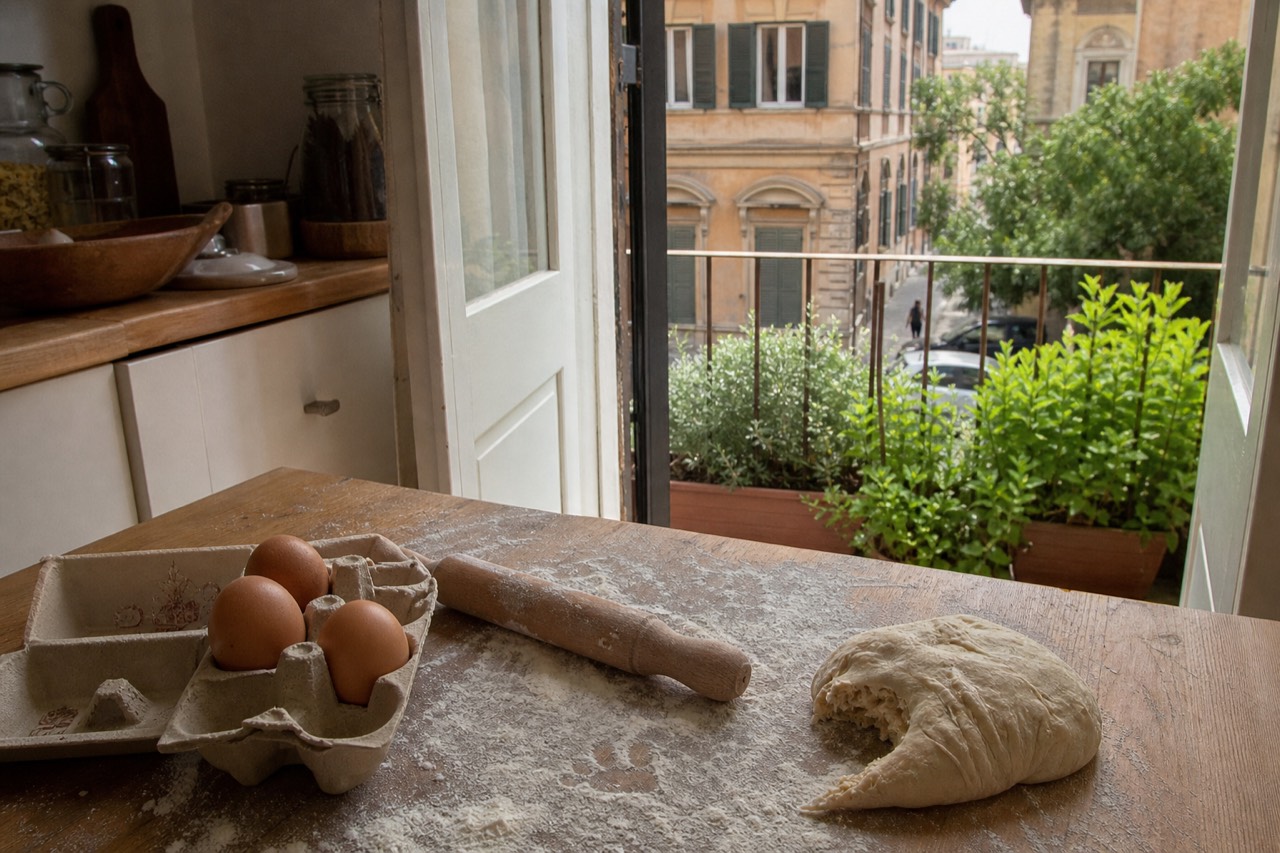 Wooden table with flour, eggs, a rolling pin and fresh pizza dough ready for a family cooking class