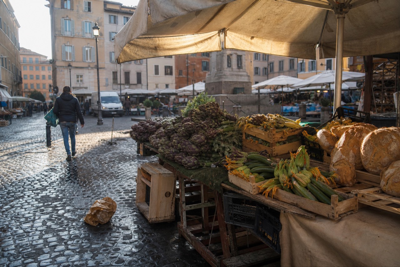 A Rome street market stall piled with artichokes, zucchini flowers and fresh bread in morning light