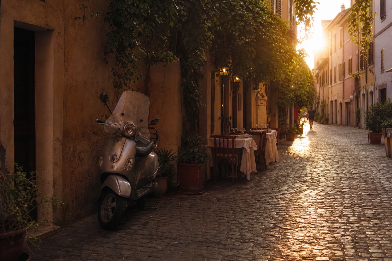 A quiet Roman side street at golden hour with restaurant tables set for dinner