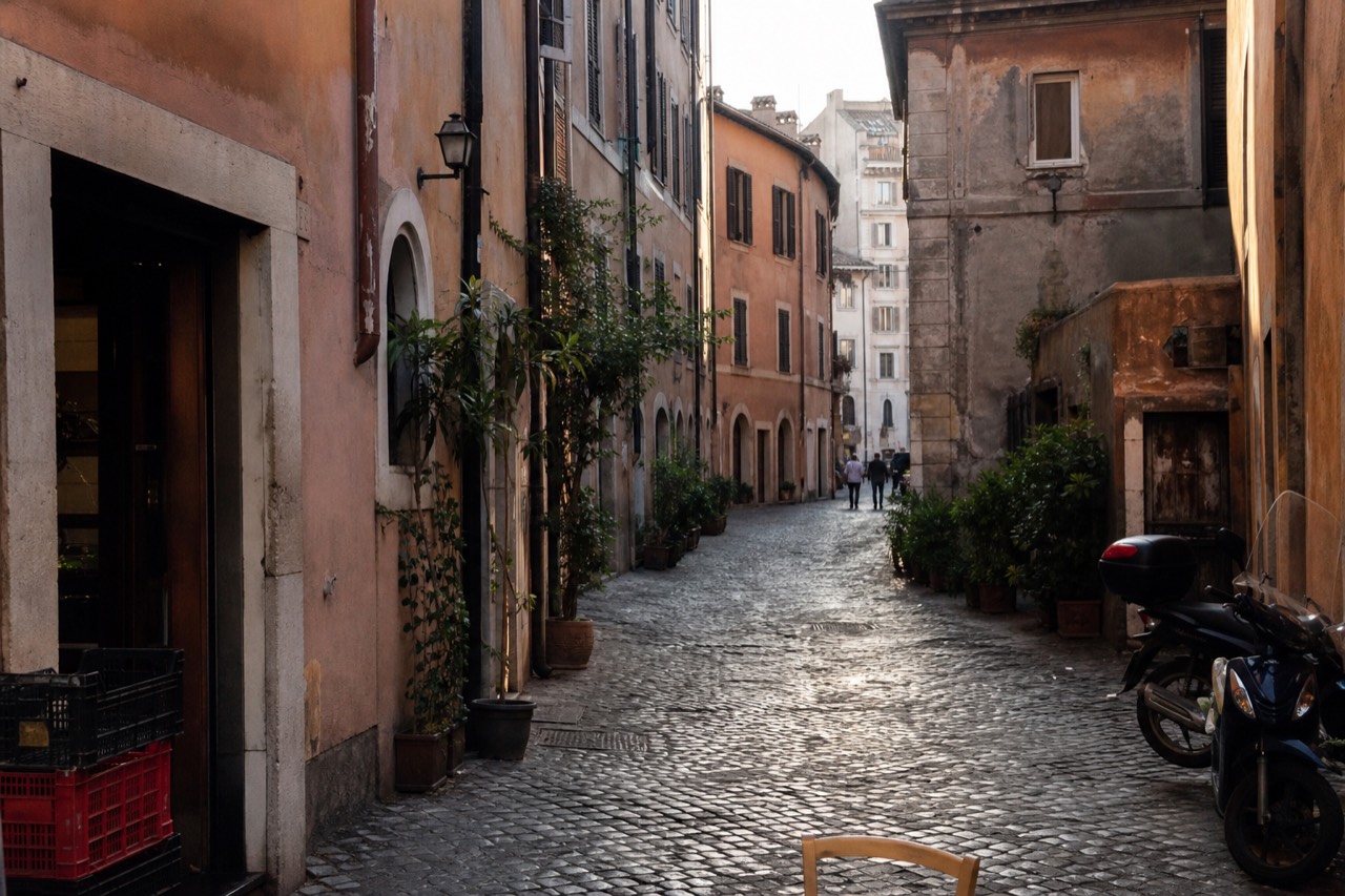 A narrow cobblestone Roman street lined with small trattorias and food shops in the late afternoon